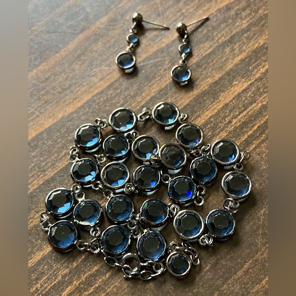 Vintage Blue Faceted Glass Gun Metal Gray Bezel Necklace & Matching Earrings